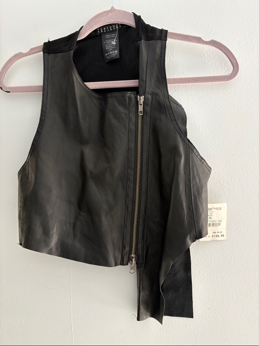 Black Leather Asymmetrical Zip Vest